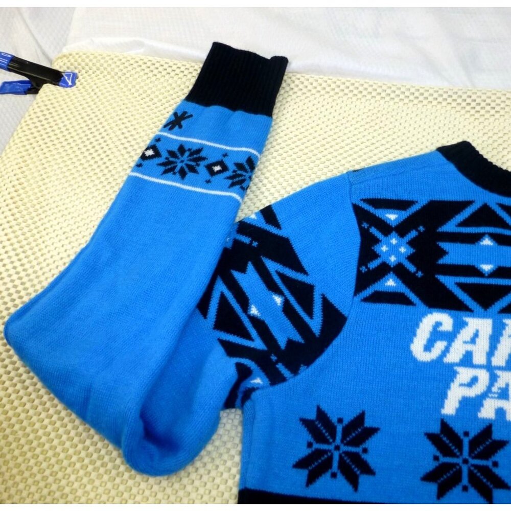 Carolina Panthers NFL Team Apparel Ugly Christmas Sweater Med V-Neck Black & Blu - Picture 10 of 10